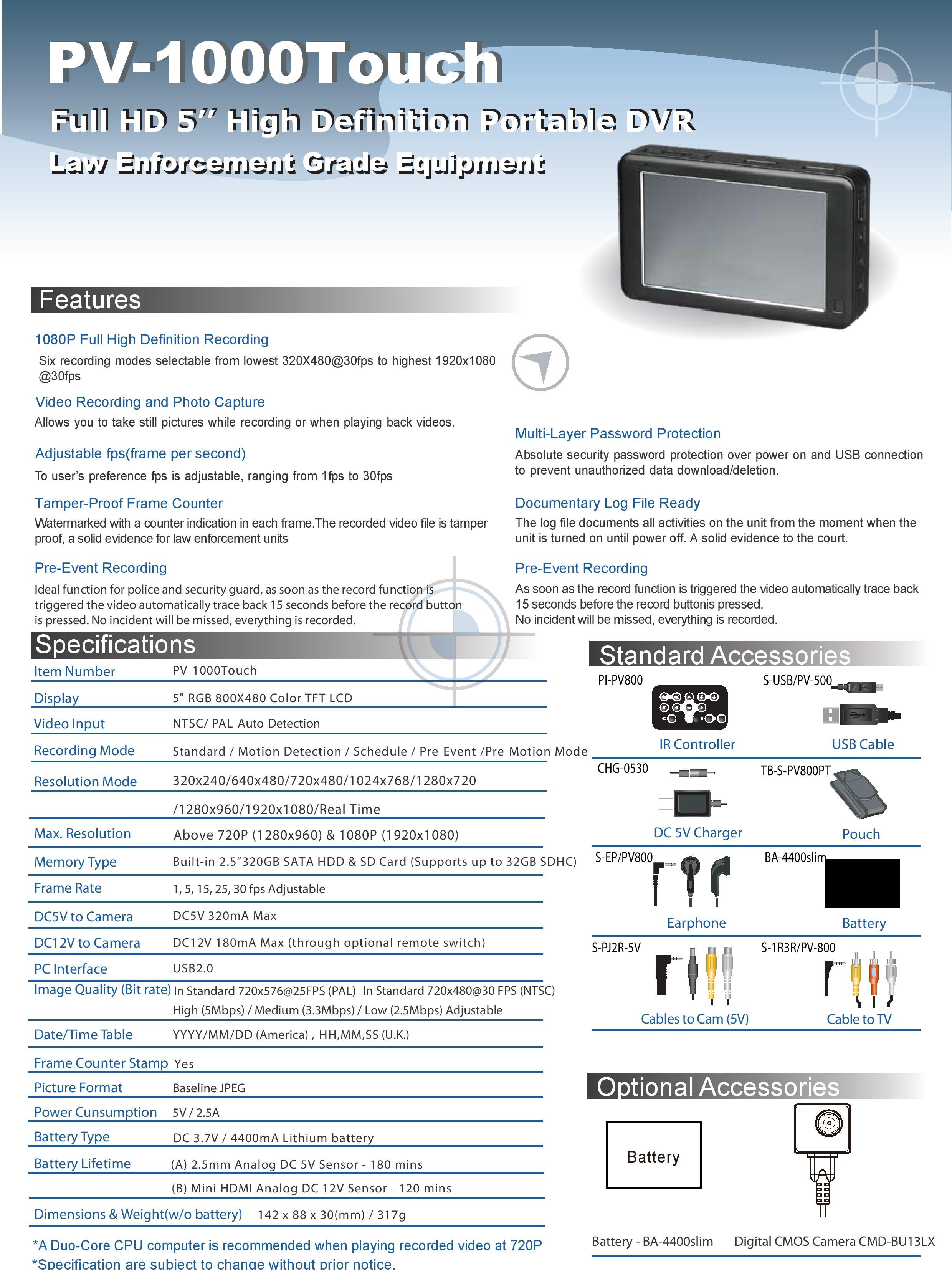 NEW Lawmate PV-1000 Touch Screen HD PI DVR Recorder KJB PV806 PV800 PV1000